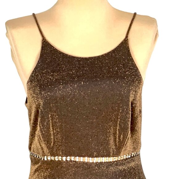 VTG Cache Bronze Shimmer Hollywood Glam Slip Dress Gown 8 Rhinestone Waist Sleek - Picture 3 of 12